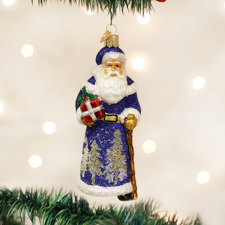 Glistening Midnight Santa ornament with a dark blue glossy finish and white trim.
