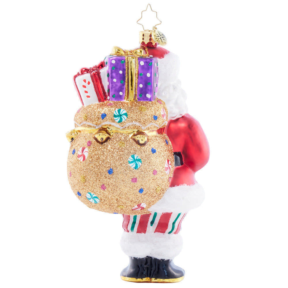 Back view of a red Santa bag with white trim and gold accents.