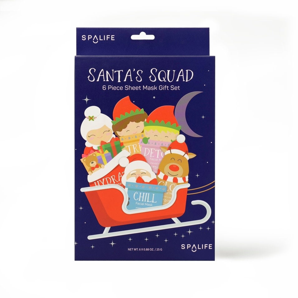 Santa's Squad six-piece sheet mask gift set in a festive holiday-themed box.