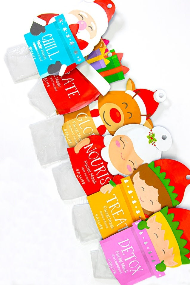 Santa's Squad six-piece sheet mask gift set in a festive holiday-themed box.