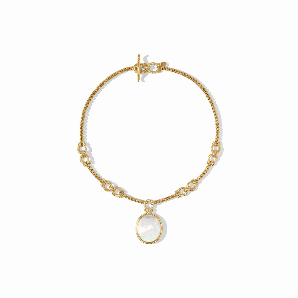 Triple Crown equestrian necklace with mother-of-pearl pendant on golden horsebit and Venetian box chain