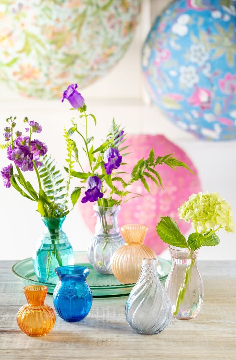 Medium Sardinia cotton hanging lantern with blue floral motif on white background featuring pink and green accents.