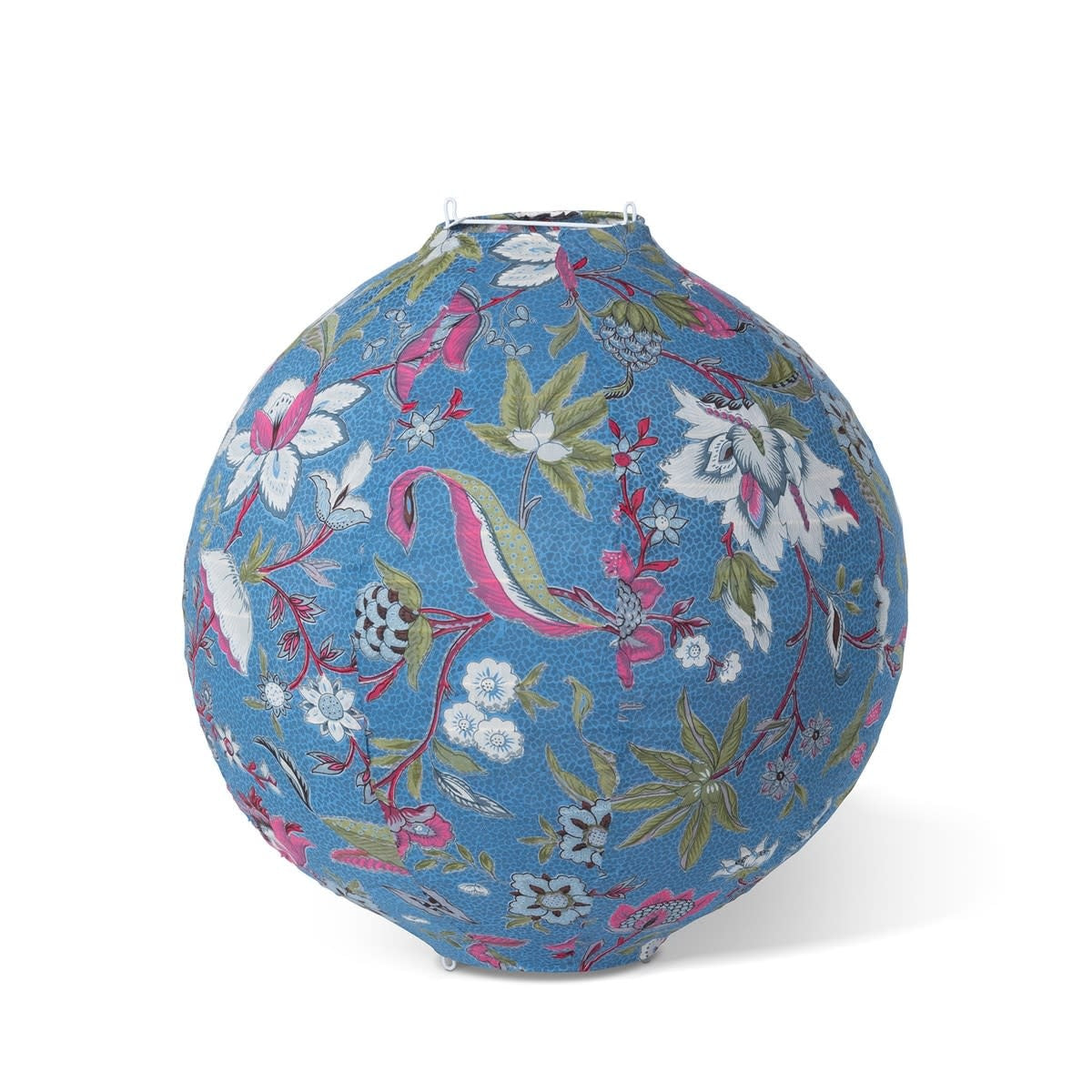 Medium Sardinia cotton hanging lantern with whimsical blue pink floral motif on white background