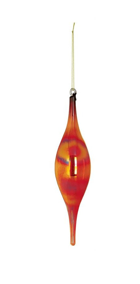 Iridescent finish glass finial ornament in shades of orange and red with a gold hanging string.