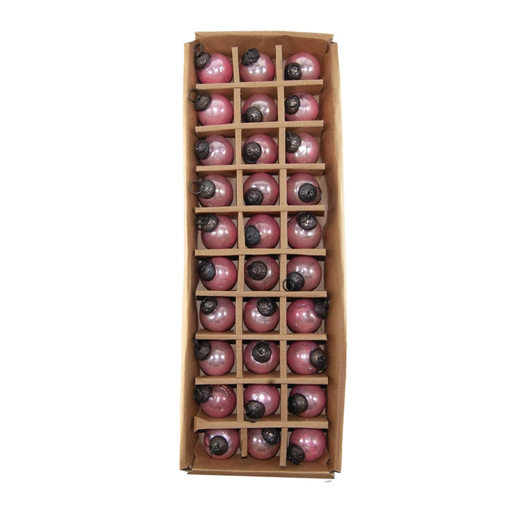 Set of 30 pink 1-inch mercury glass ball ornaments in a cardboard storage box.