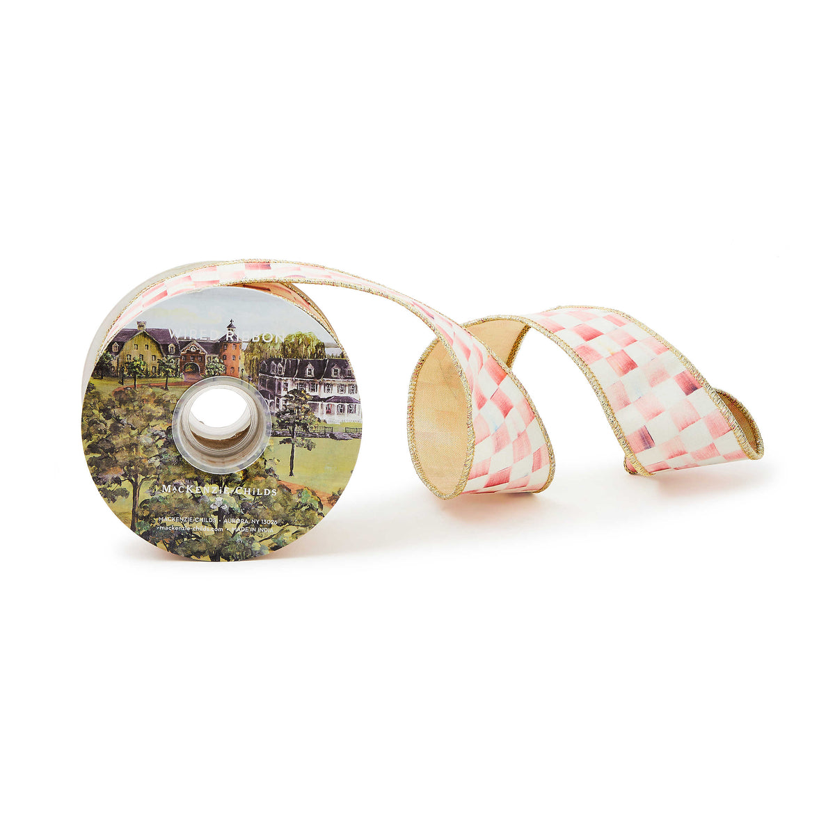 A spool of 2-inch wide wired ribbon featuring a pink and white rosy check pattern with gold edges.