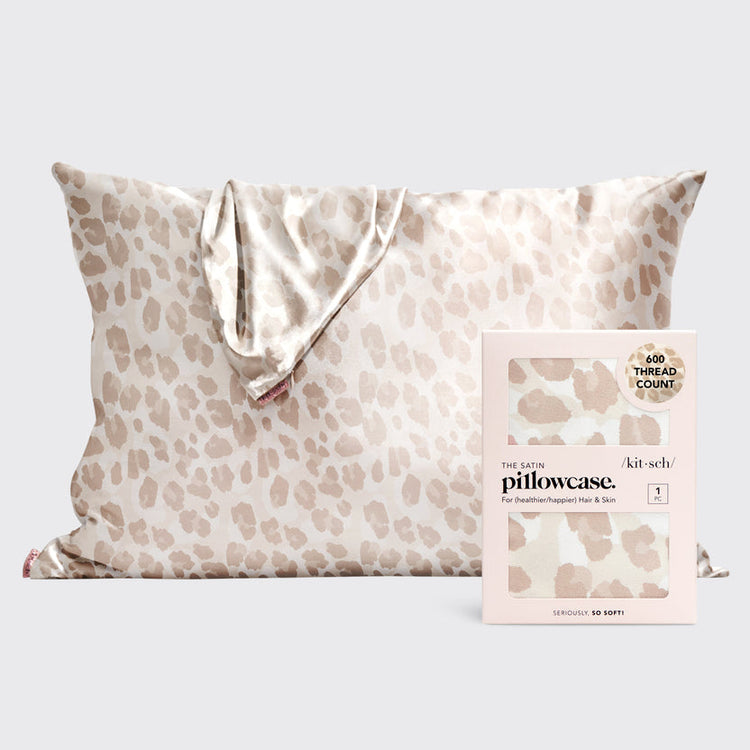 Leopard print satin pillowcase with a square shape.