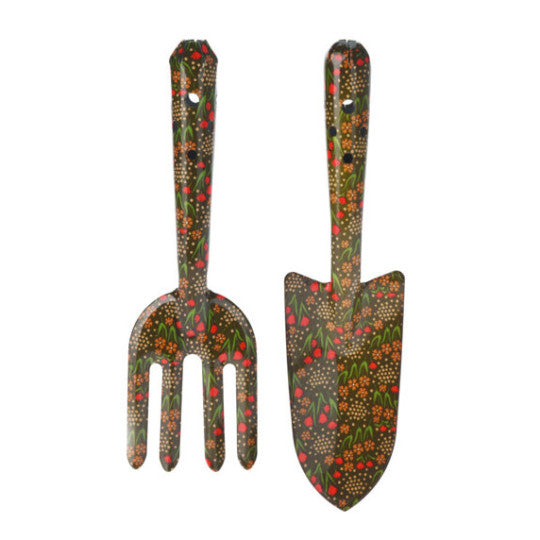 Garden tool set featuring a hand fork and trowel with a dark green floral pattern.