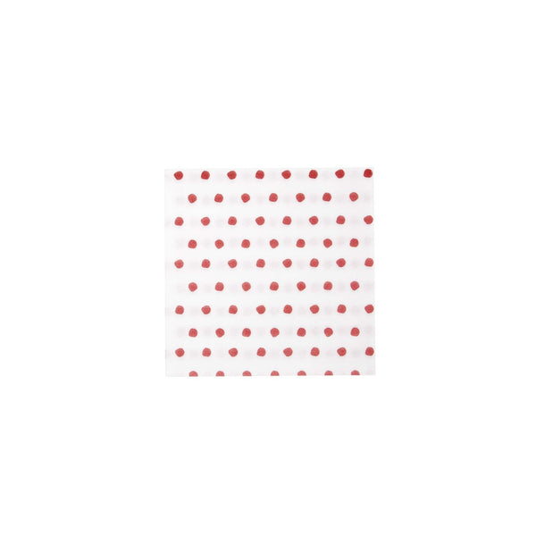 Pack of twenty white spunlace dot cocktail napkins folded in a square shape.