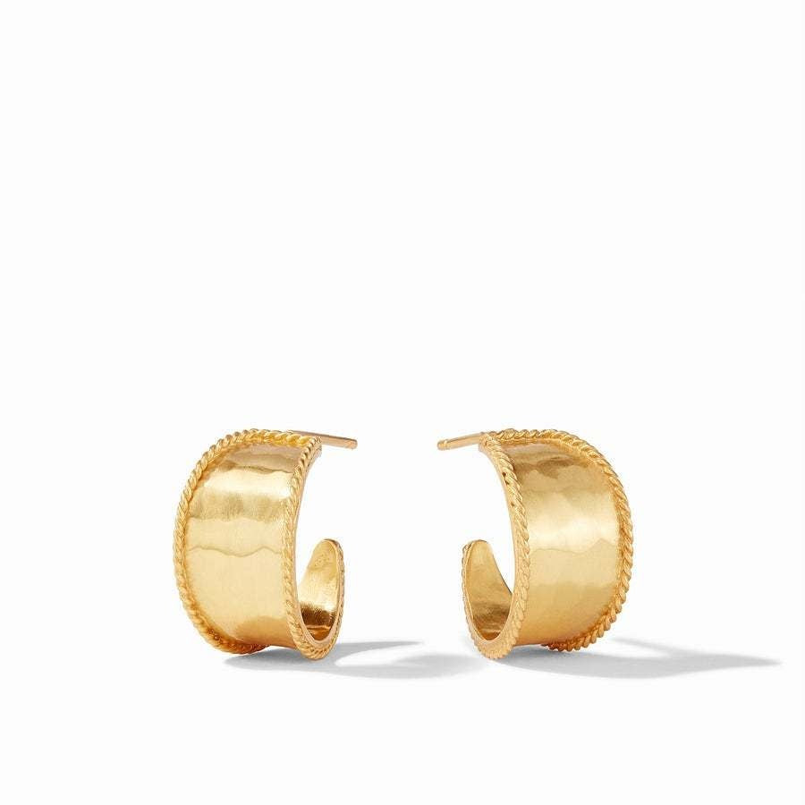 Small extra-small Savoy hoop earring in gold with hammered texture, twisted wire detail, and curved silhouette.