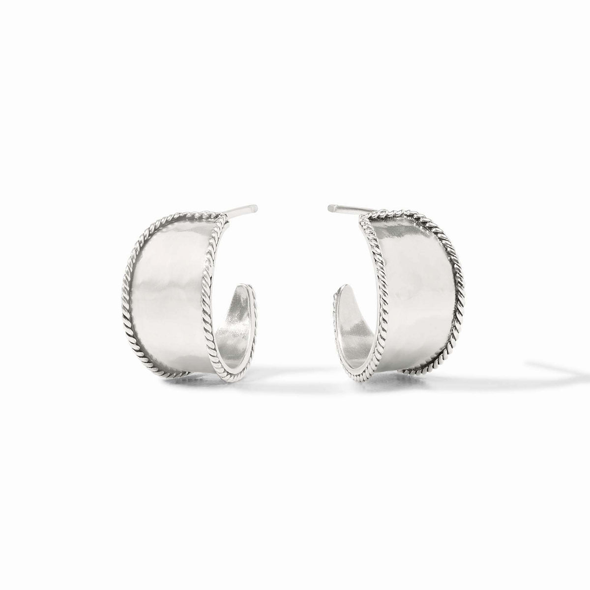 Small Savoy hoop earring in silver with hammered texture, twisted wire detail, and Julie Vos hallmark.