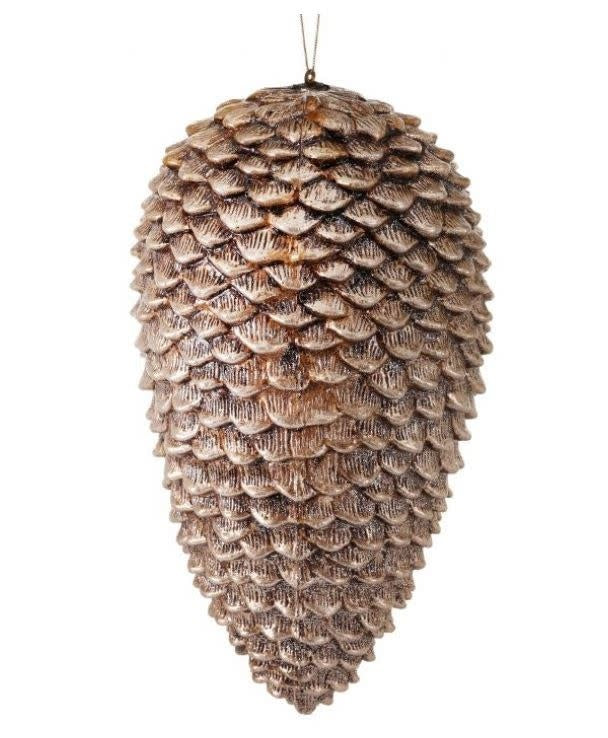 12-inch metallic gold pine cone ornament with a textured, layered scale pattern.