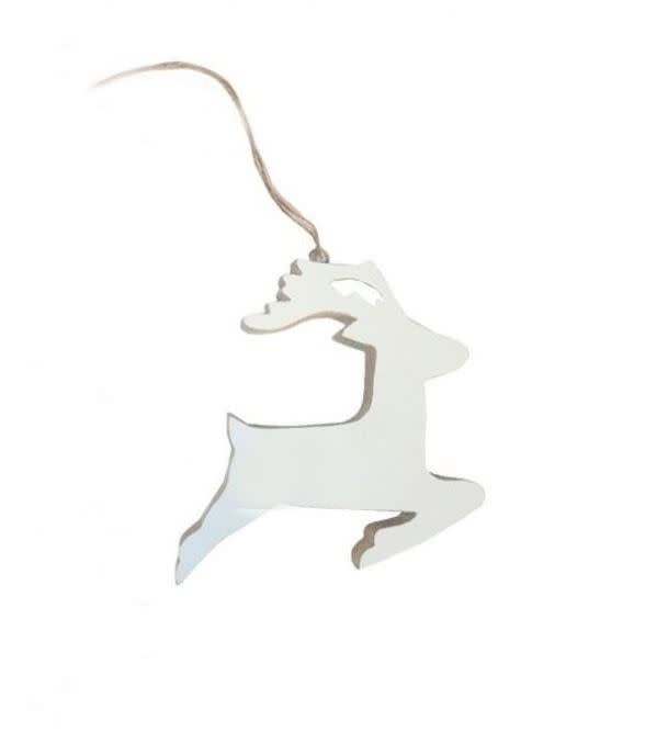 Wood reindeer ornament with natural finish standing on four legs.