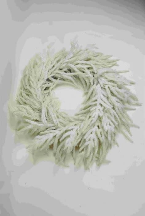 28-inch white Norfolk pine wreath with a snow-dusted, realistic texture.