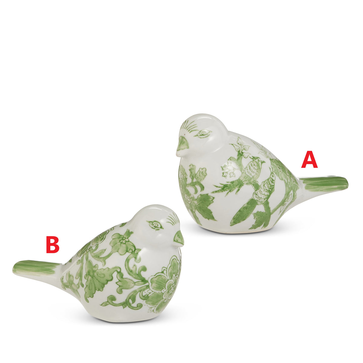 Clay bird figurine measuring 7.25 inches long with a green and white speckled pattern.