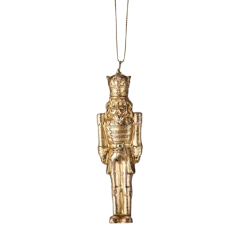 4-inch gold gilded resin nutcracker Christmas ornament with intricate details and hanging string.