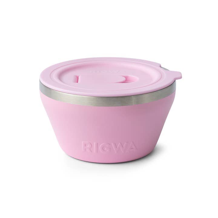 Pink 20oz Rigwa Fresh Bowl with a matching spill-proof lid and stainless steel rim.