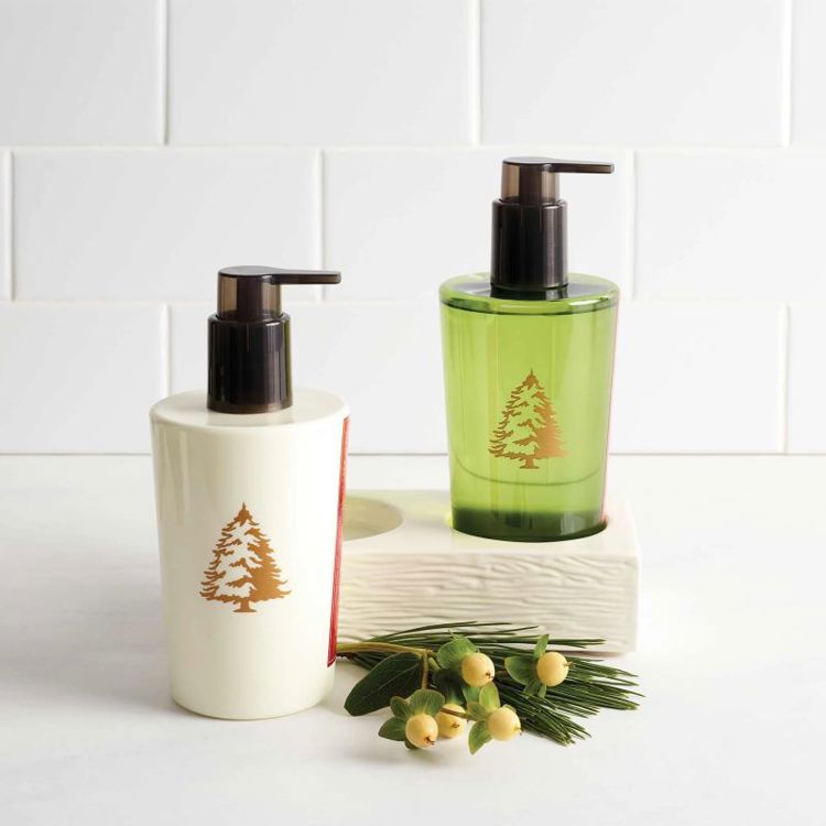 Frasier Fir sink set with white and green soap dispensers in a ceramic caddy with pine accents.