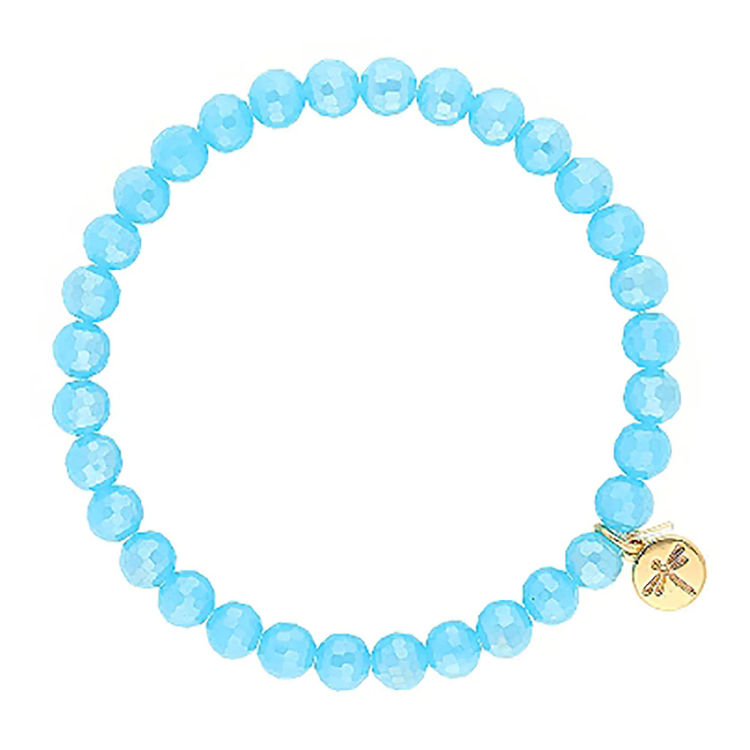Lizas Quadro Big Bright Colours stretch bracelet with faceted light blue crystal beads and charm.