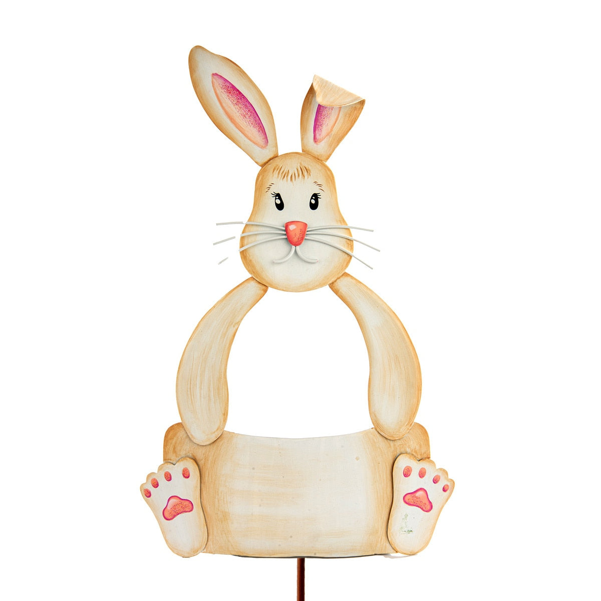 Bunny Basket stake with natural wood finish, white bunny silhouette ears, dimensions 14x23 inches.