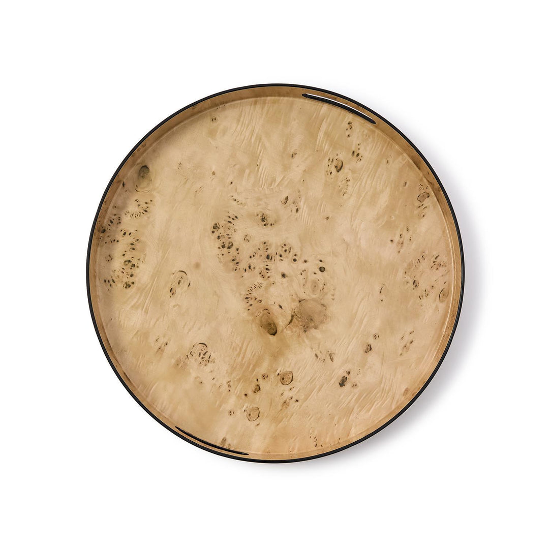 Round plastic tray featuring a light brown burled wood pattern and a thin black rim.