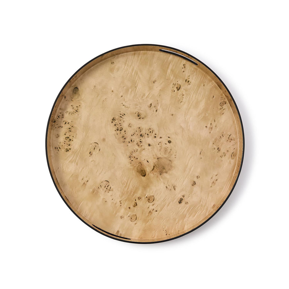 Round plastic tray featuring a light brown burled wood pattern and a thin black rim.