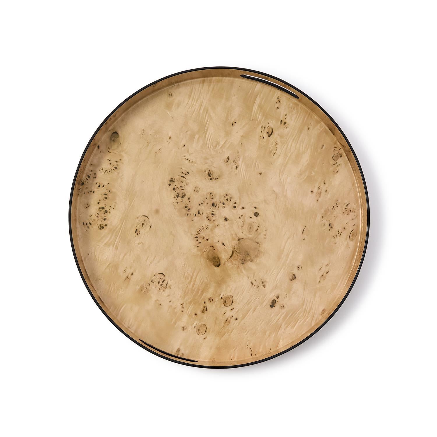 Round plastic tray featuring a light brown burled wood pattern and a thin black rim.