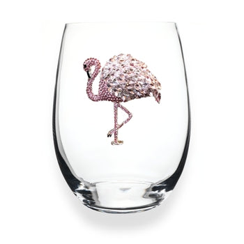 Handcrafted stemless wine glass with jeweled embellishments around the rim in clear crystal.