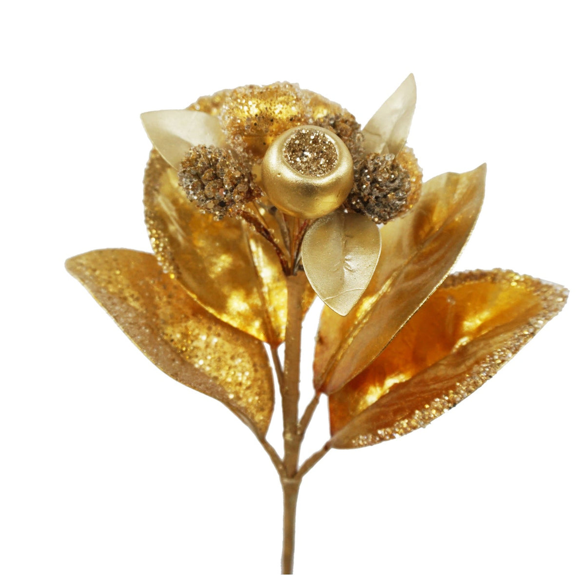 15-inch golden jewel berry pick with shimmering leaves, glittered berries, and a metallic finish.