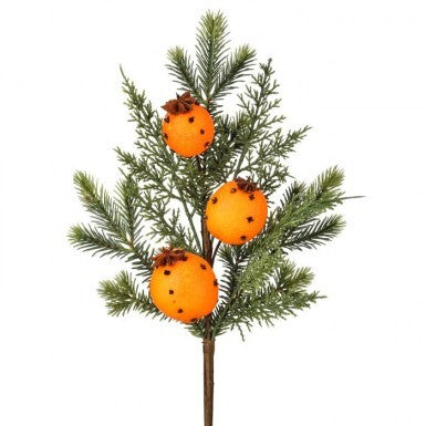 18 inch evergreen pick with three orange clove pomanders and star anise accents.