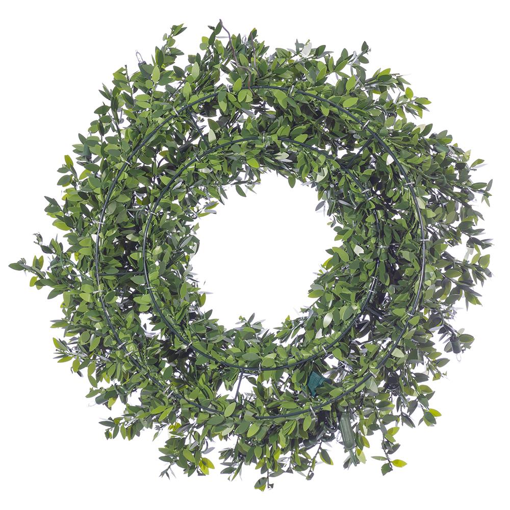 24-inch green PVC mini leaf wreath with 50 warm white LED lights on a wire frame.