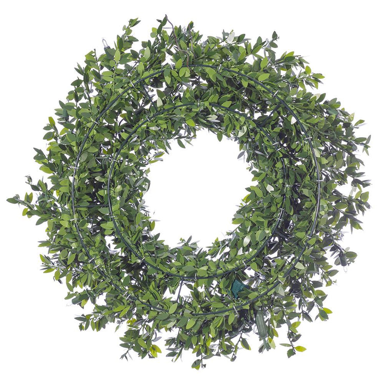 24-inch green PVC mini leaf wreath with 50 warm white LED lights on a wire frame.