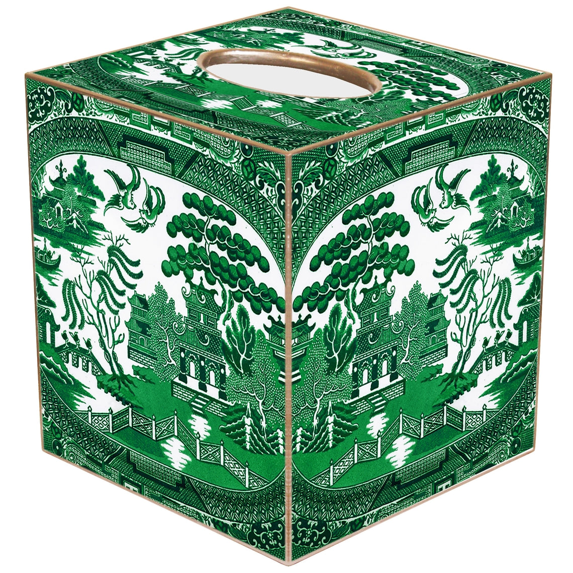 Handcrafted paper mache tissue box cover with gold-painted edges.