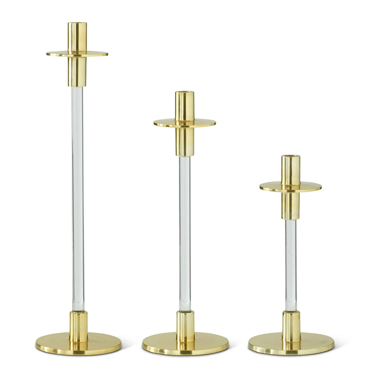 Set of three metal slender taper candleholders in varying heights with gold finish and acrylic stems