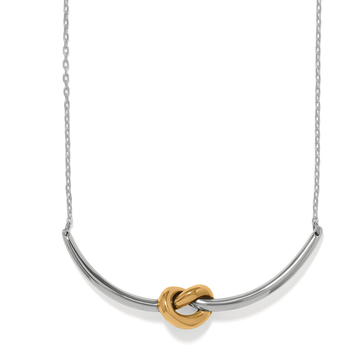 Interlok two-tone silver and gold necklace with a single knot pendant on a curved bar.