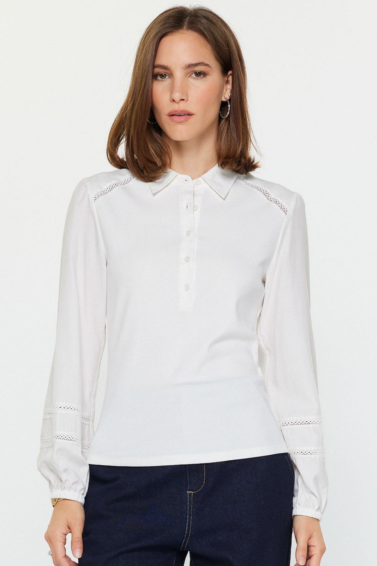 Abigail mixed media polo knit top in soft neutral tone with lace shoulder trim