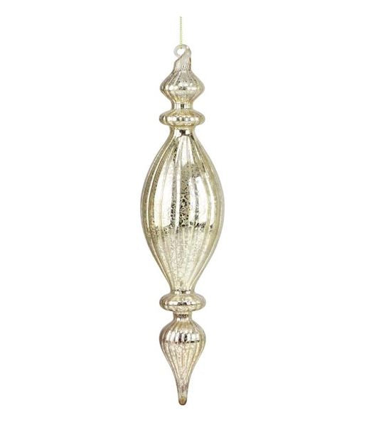 Mercury finish glass finial with rich dark tones in a classic ornamental silhouette.