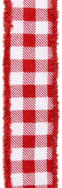 2.5 inch red and white glitter velvet gingham check ribbon with tinsel fringe edges.