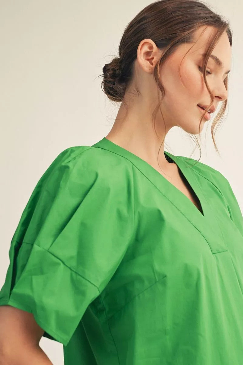 Aria Short Puff Sleeves Solid Woven Midi Dress