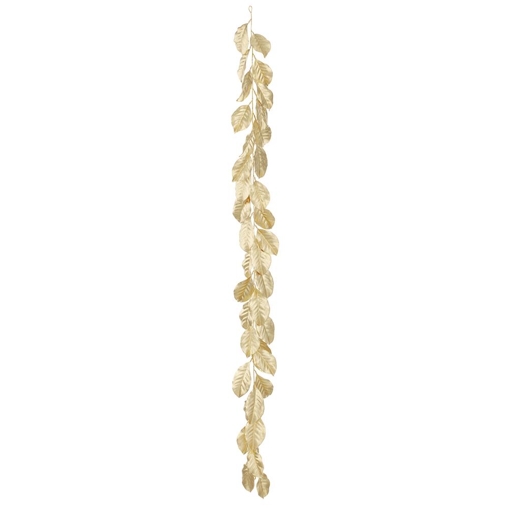 6-foot metallic gold magnolia leaf garland made of plastic and wire.