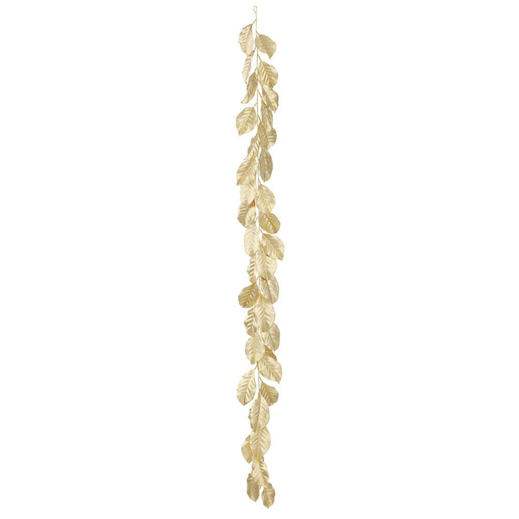 6-foot metallic gold magnolia leaf garland made of plastic and wire.