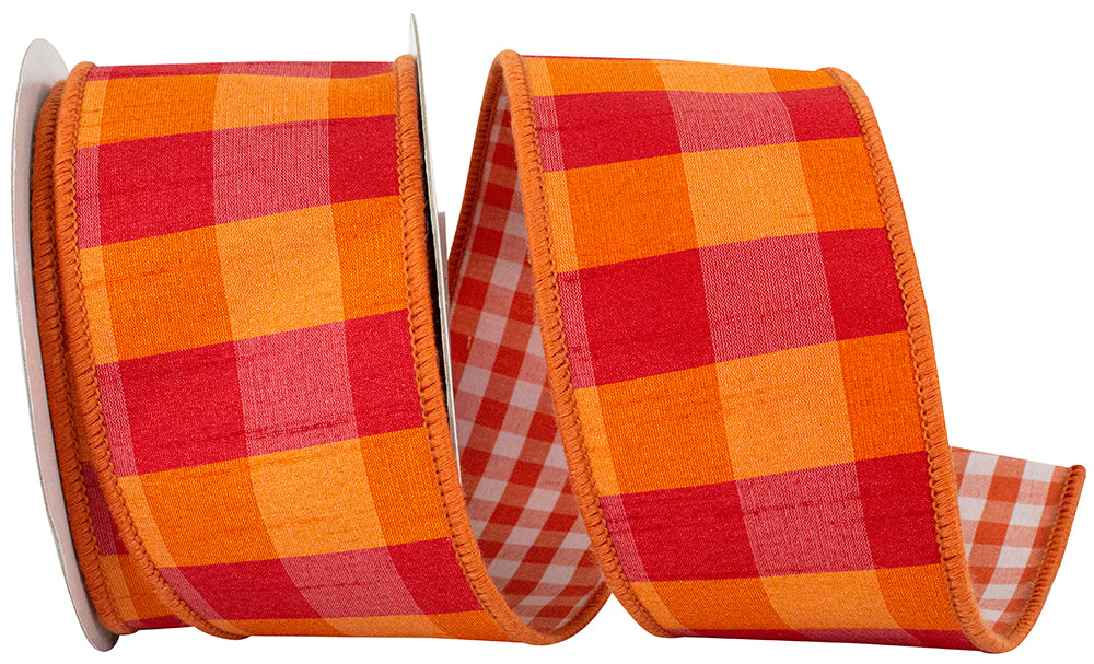 2-1/2 inch orange and fuchsia Dupioni check wired edge ribbon with a gingham back.