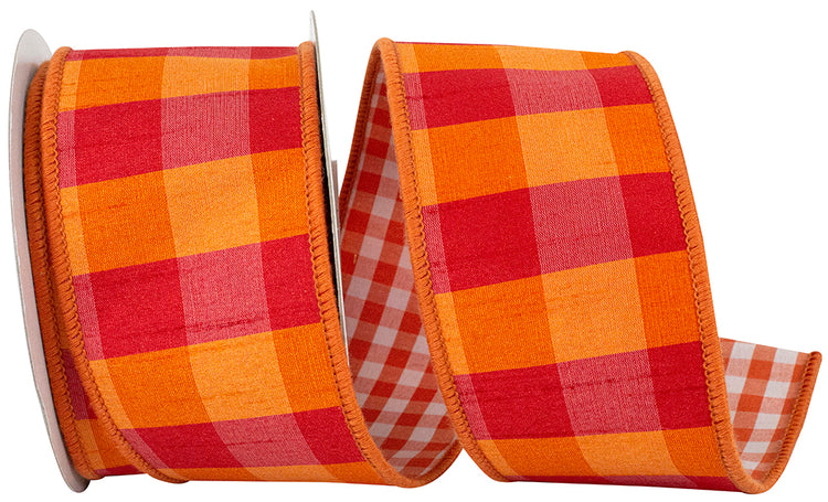 2-1/2 inch orange and fuchsia Dupioni check wired edge ribbon with a gingham back.
