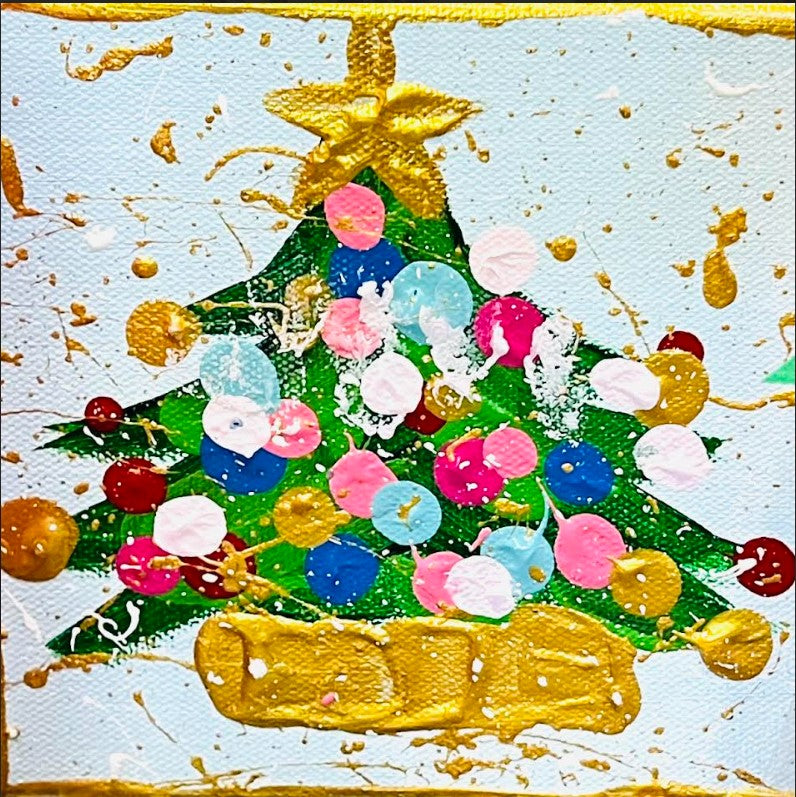 Abstract Christmas tree painting with gold star, colorful ornaments, and gold splatters on a light blue background.