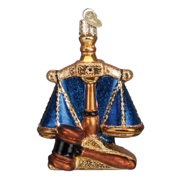 Metal Scales of Justice ornament with balanced pans on a central pillar.