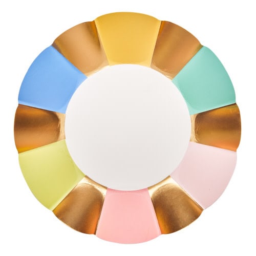 Set of eight white paper dessert bowls with scalloped edges, gold foil accents, and multi-color patterns.