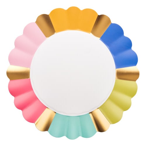 White scalloped dinner plate with gold patterns on a multi-color rim