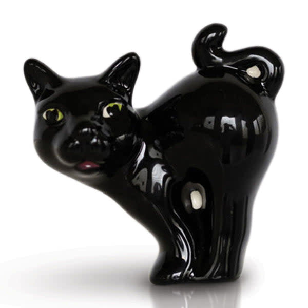 Black ceramic mini cat figurine with scared expression