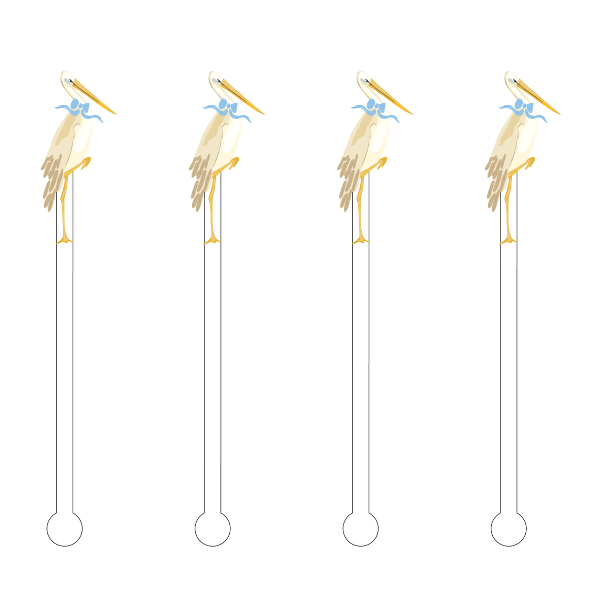 Four six-inch BPA-free acrylic stir sticks with a baby boy stork silhouette in blue and white.