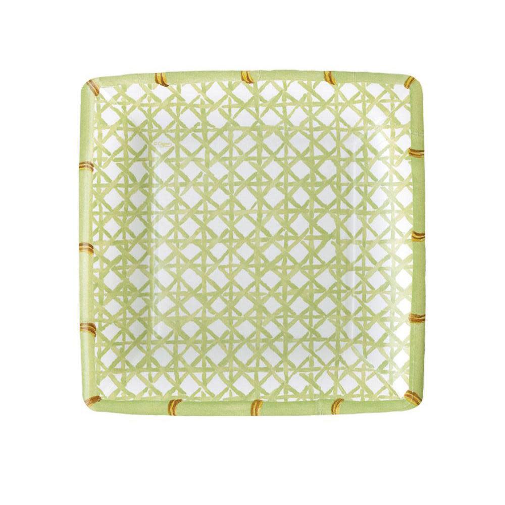 Set of eight square paper plates with a salad and dessert theme.